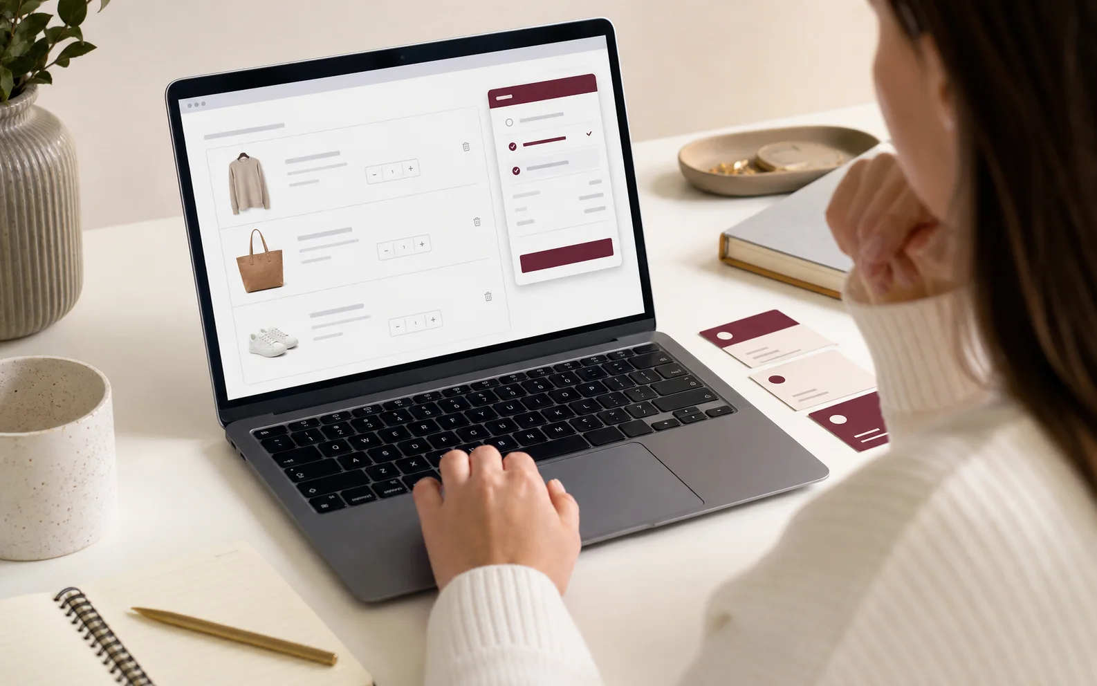 A shopper reviewing a generic online cart and an abstract coupon-checking browser panel