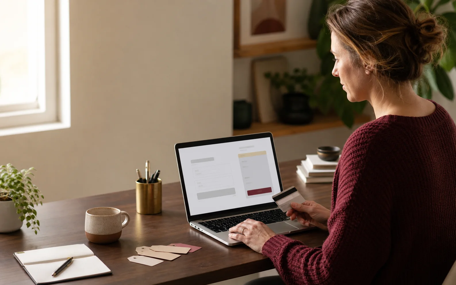 An online shopper reviewing a generic checkout page on a laptop at a home desk